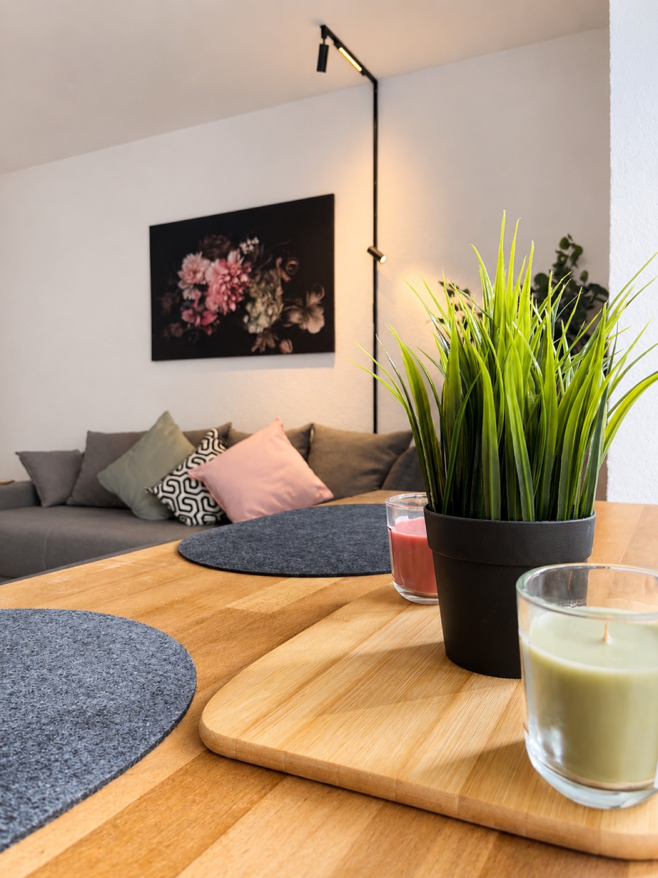 Wohnbereich mit Pflanzen und Essplatz im Apartment 2.2