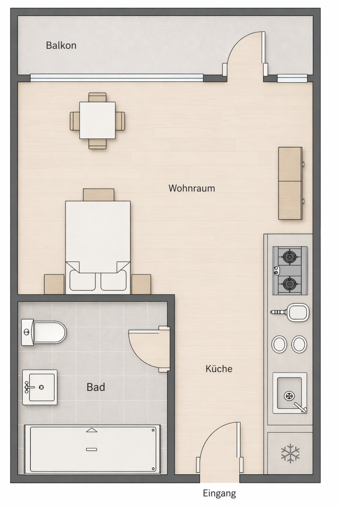 Grundriss Sommerhofenstr. mit einem Wohnbereich, Bad, Küche, Balkon